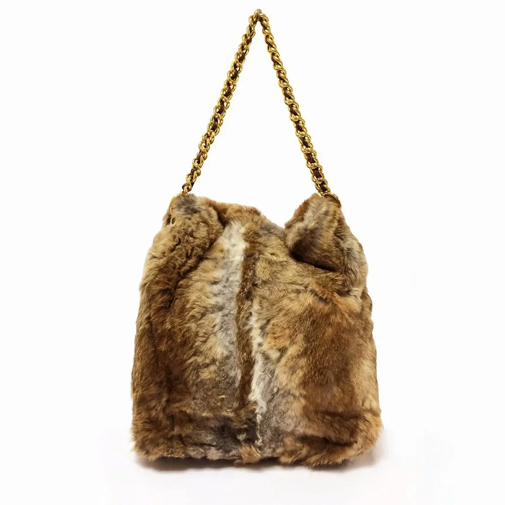 Tory Burch Genuine Rabbit Fur Shoulder Bag Natural Brown Gold Chain Strap